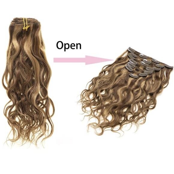 Clip in Human Hair Extensions Dark Brown Mixed with Caramel Blonde Natural Wave